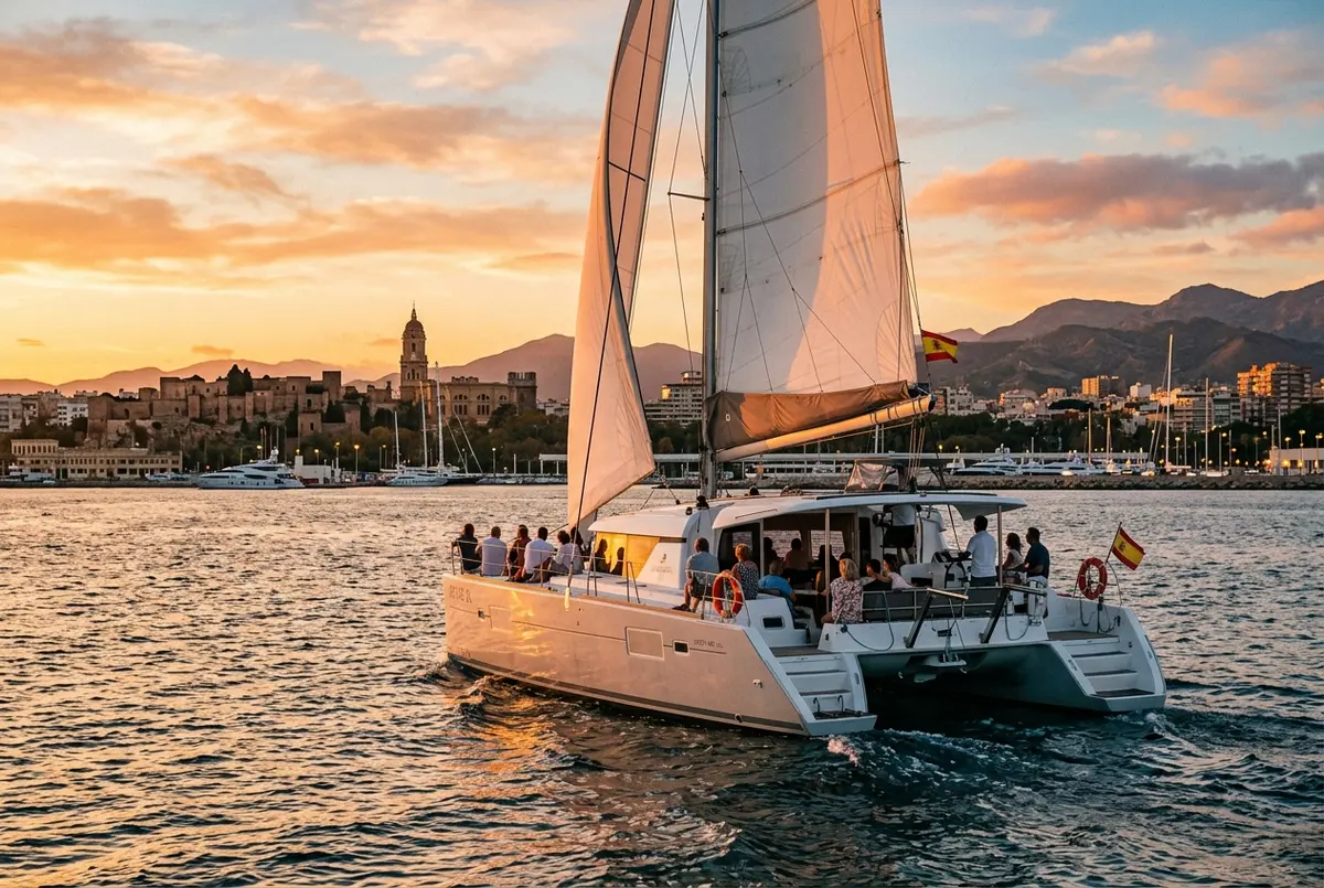 Catamaran sailing Malaga Bay at sunset during a malaga boat tour