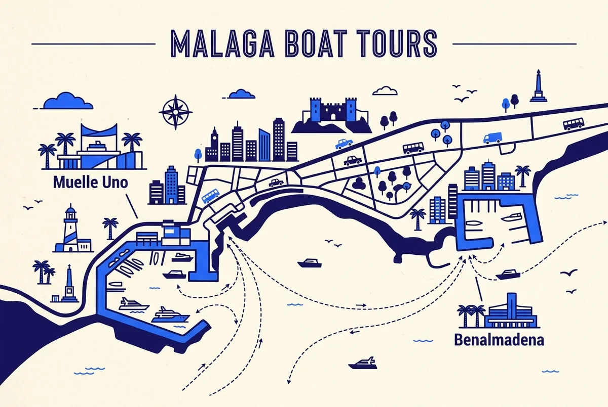 Map of malaga boat tour departure points at Muelle Uno and Benalmadena